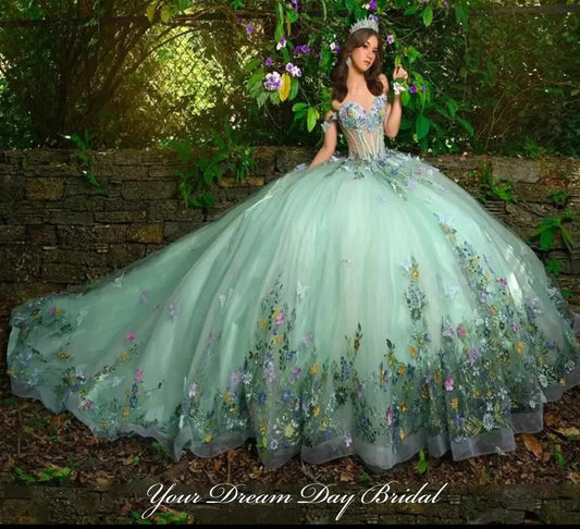 3d Butterfly Applique Crystal and Lace Quinceanera Ball Gown with Corset Bodice and Sweetheart Neckline - Your Dream Day Bridal