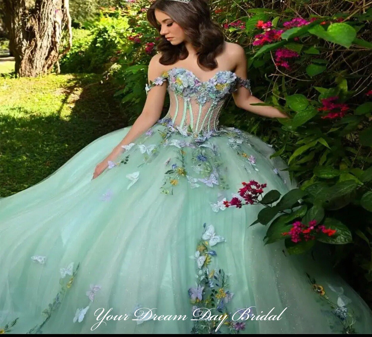 3d Butterfly Applique Crystal and Lace Quinceanera Ball Gown with Corset Bodice and Sweetheart Neckline - Your Dream Day Bridal