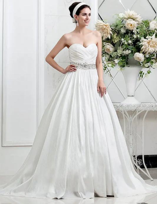 Elegant Pleated Sweetheart Neckline A-Line Taffeta Wedding Gown with Rhinestone Beading