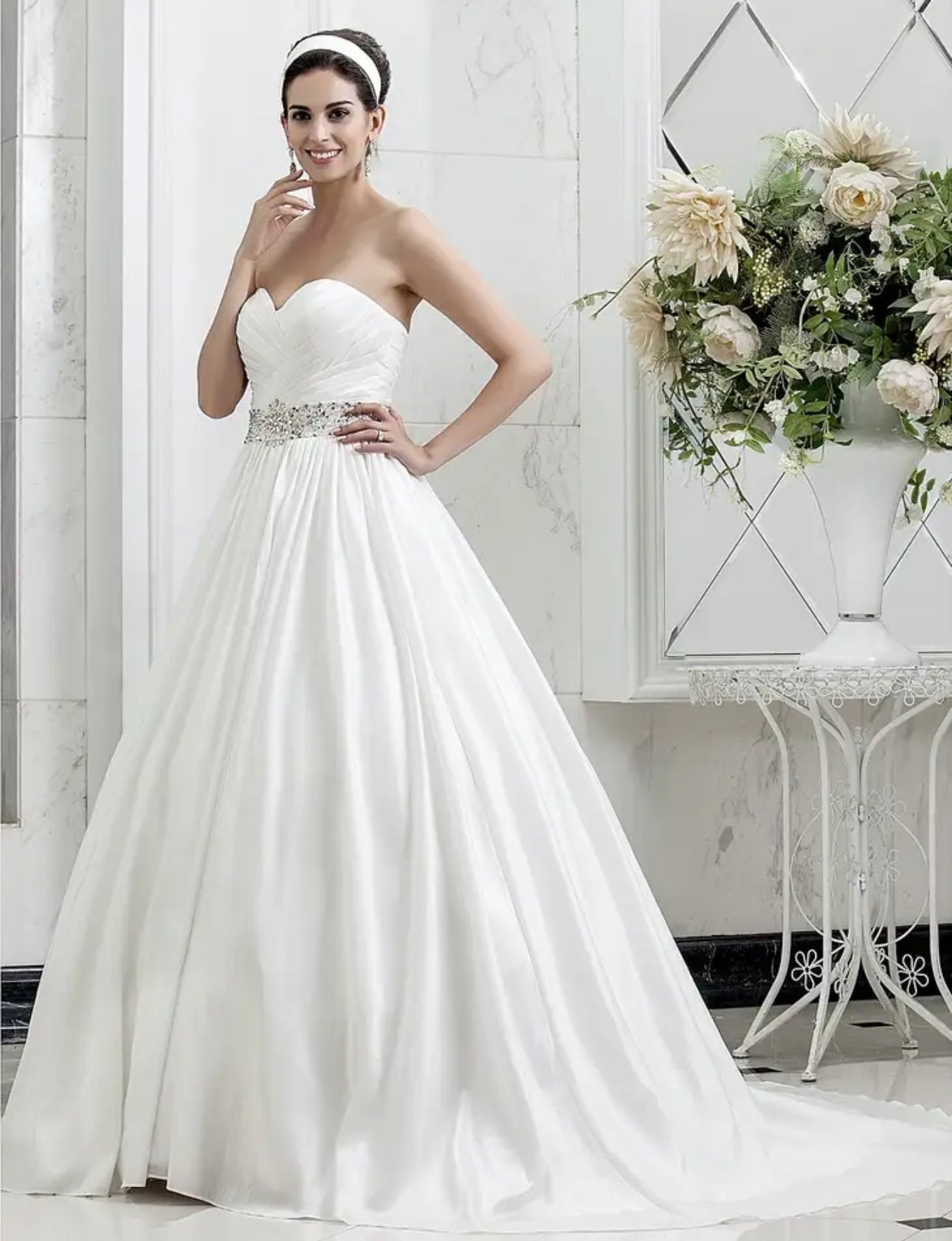 Elegant Pleated Sweetheart Neckline A-Line Taffeta Wedding Gown with Rhinestone Beading