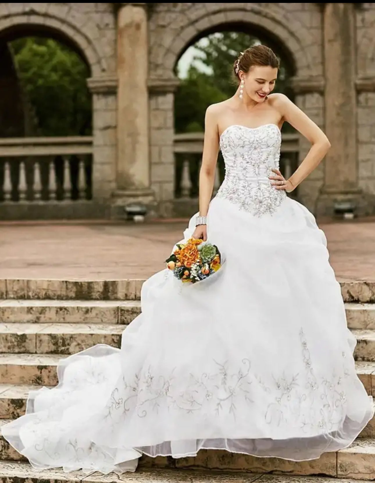 Elevate Your Wedding Look with Our Stunning Lace-Up Back Strapless Rhinestone Beaded Organza Wedding Gown