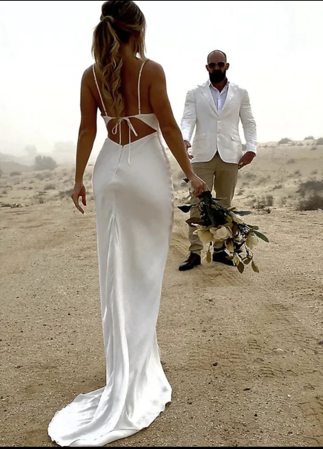 Sleek and Stunning: The Simple Satin Open Back Beach Wedding Gown