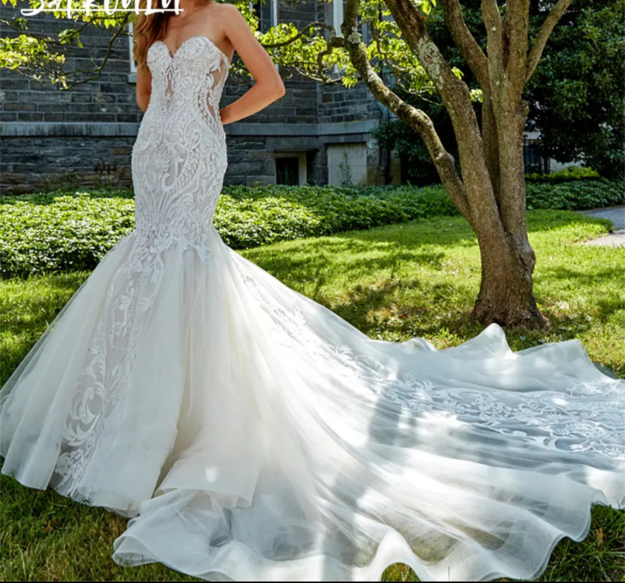 Elegant and Timeless: Strapless Organza & Tulle Mermaid Wedding Gown with Chapel Train