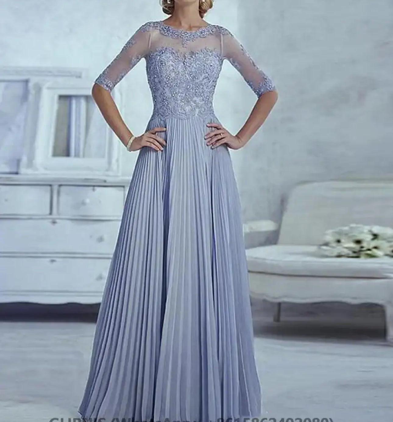 Elegant and Timeless: Pleated Beaded Lace Mother of the Bride Gown