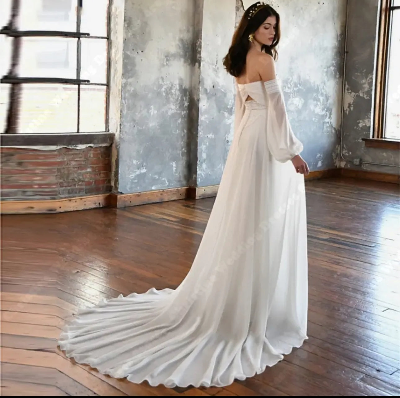 Stunning Boho Chiffon and Lace Wedding Gown with Detachable Sleeves