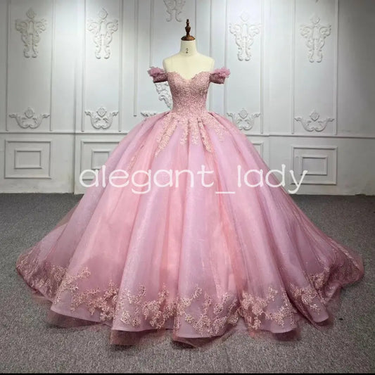 Get Ready to Turn Heads in our Off the Shoulder Lace Applique Quinceanera/Sweet 16 Ball Gown!