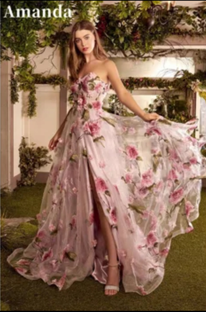 Baby Pink Floral Print Tulle Strapless Sweetheart Neckline A-Line Prom/Homecoming Dress