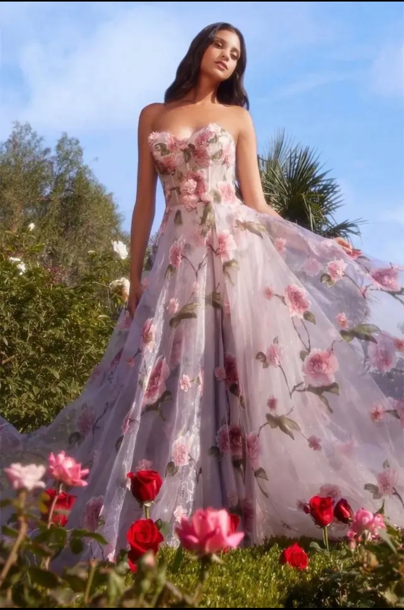 Baby Pink Floral Print Tulle Strapless Sweetheart Neckline A-Line Prom/Homecoming Dress