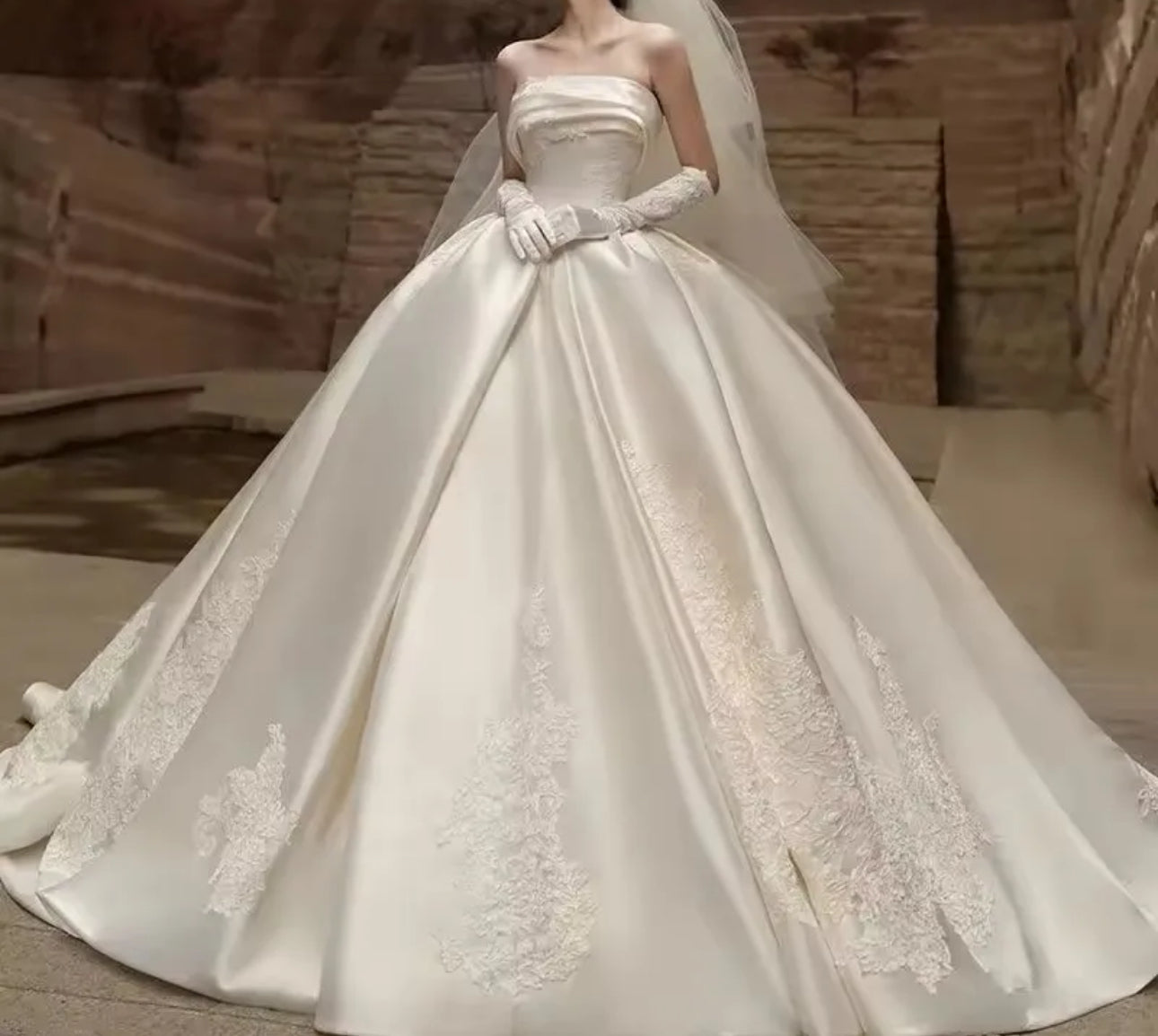 Luxurious Satin Bridal Ball Gown with Lace Appliques and Court Length Train