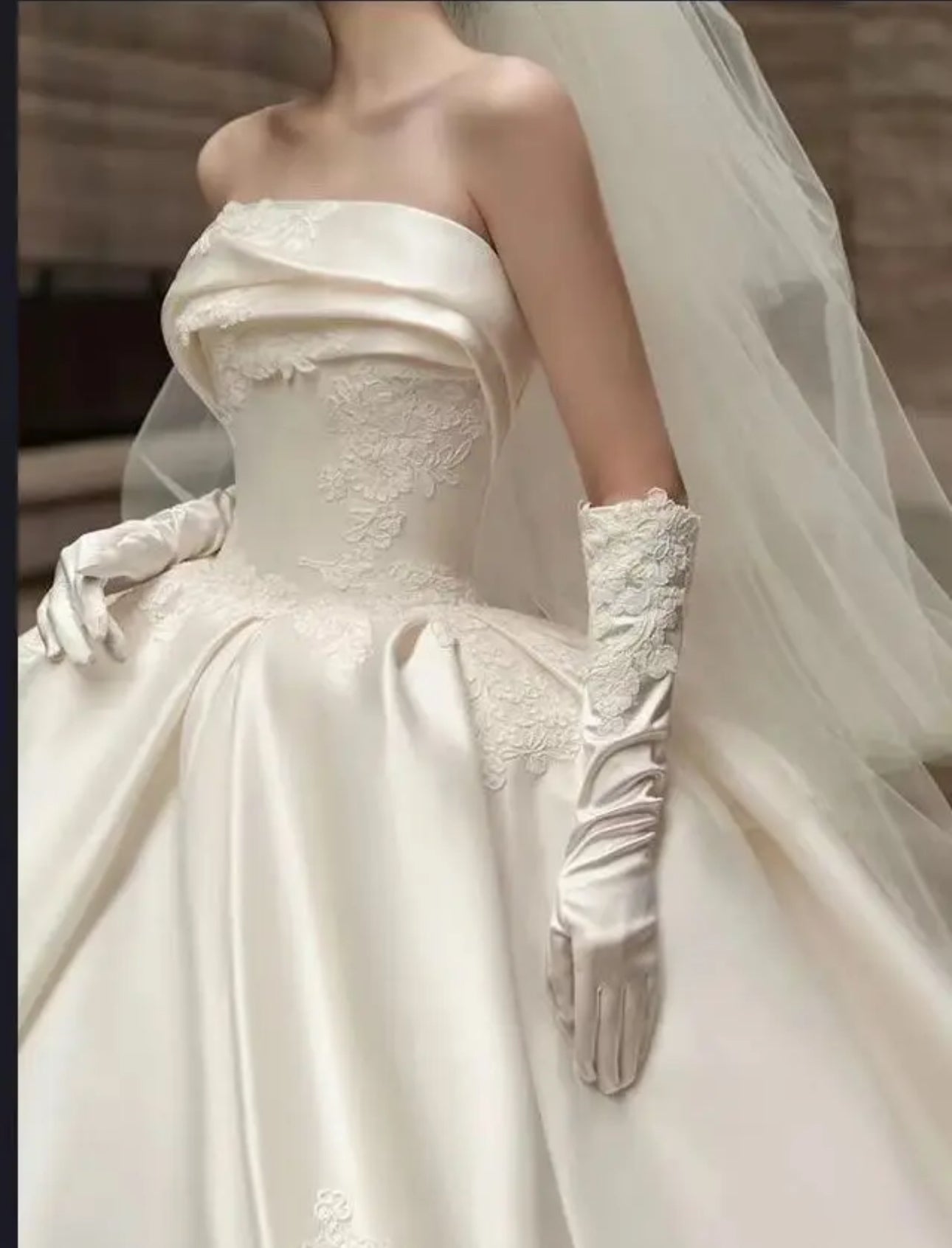 Luxurious Satin Bridal Ball Gown with Lace Appliques and Court Length Train