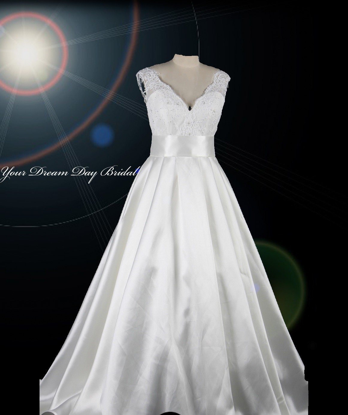 Dazzle on Your Big Day: Satin A - Line Illusion Lace Bodice V - Neck Wedding Gown - Your Dream Day Bridal