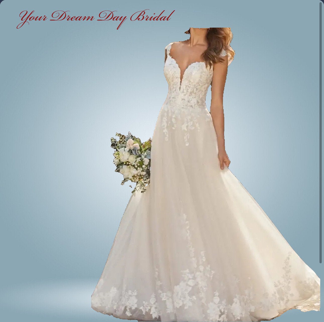 Deep - V A - Line Sleeveless Organza & Tulle Wedding Gown with Court Length Train - Your Dream Day Bridal