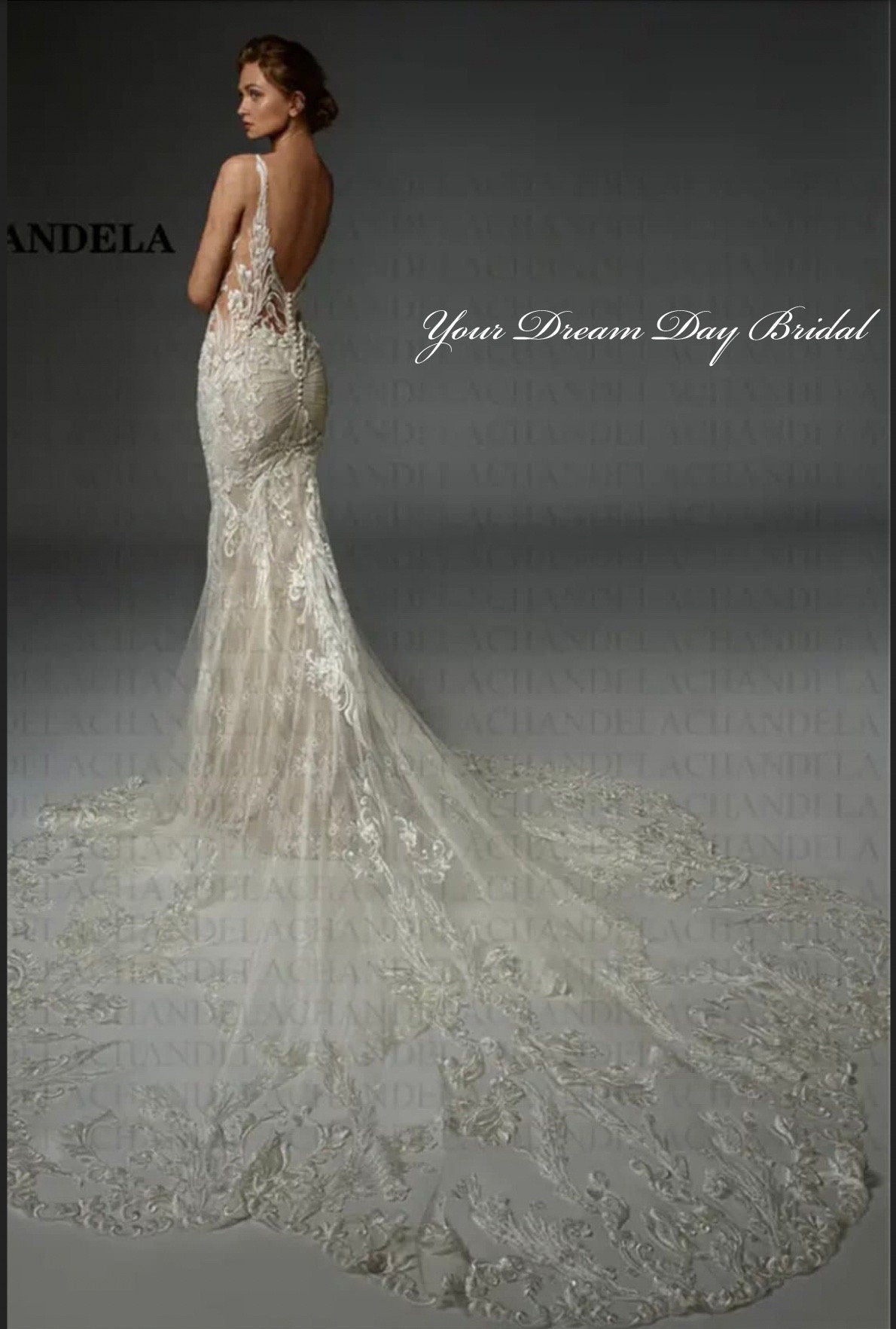 Deep - V Boho Mermaid Lace & Tulle Wedding Gown. Shown in champagne with ivory lace. - Your Dream Day Bridal