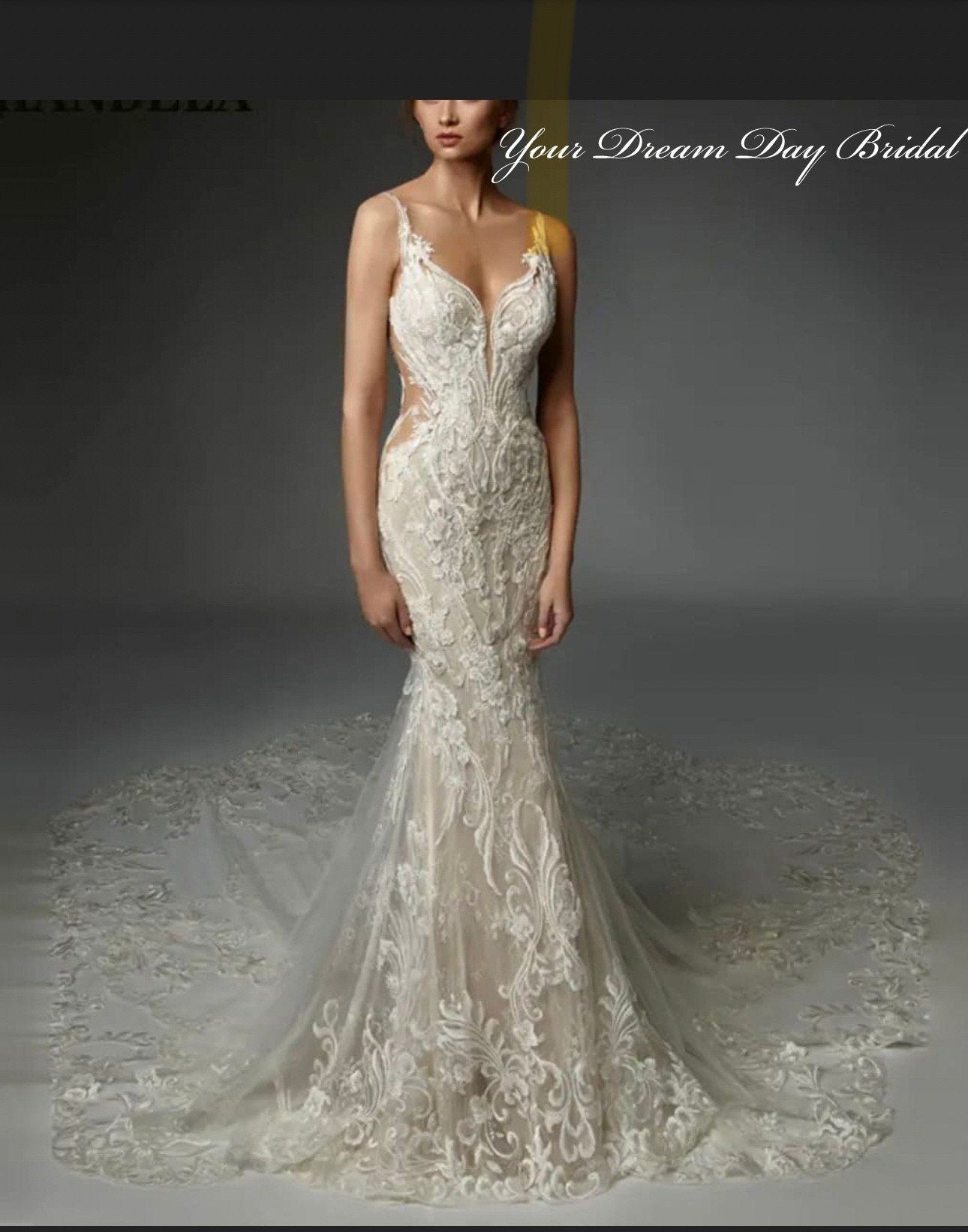 Deep - V Boho Mermaid Lace & Tulle Wedding Gown. Shown in champagne with ivory lace. - Your Dream Day Bridal