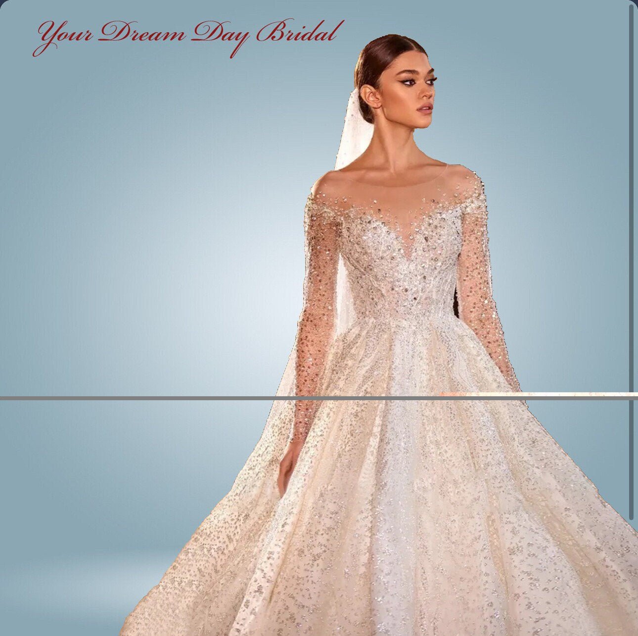 Elegant Long Sleeve Illusion Glittery A - Line Wedding Gown - Your Dream Day Bridal