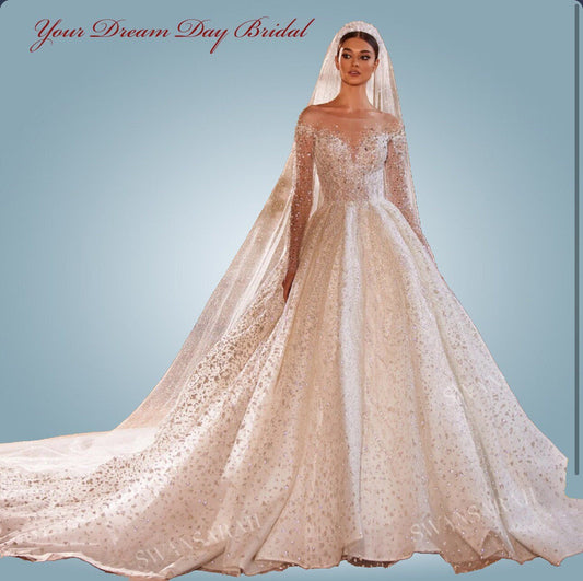 Elegant Long Sleeve Illusion Glittery A - Line Wedding Gown - Your Dream Day Bridal