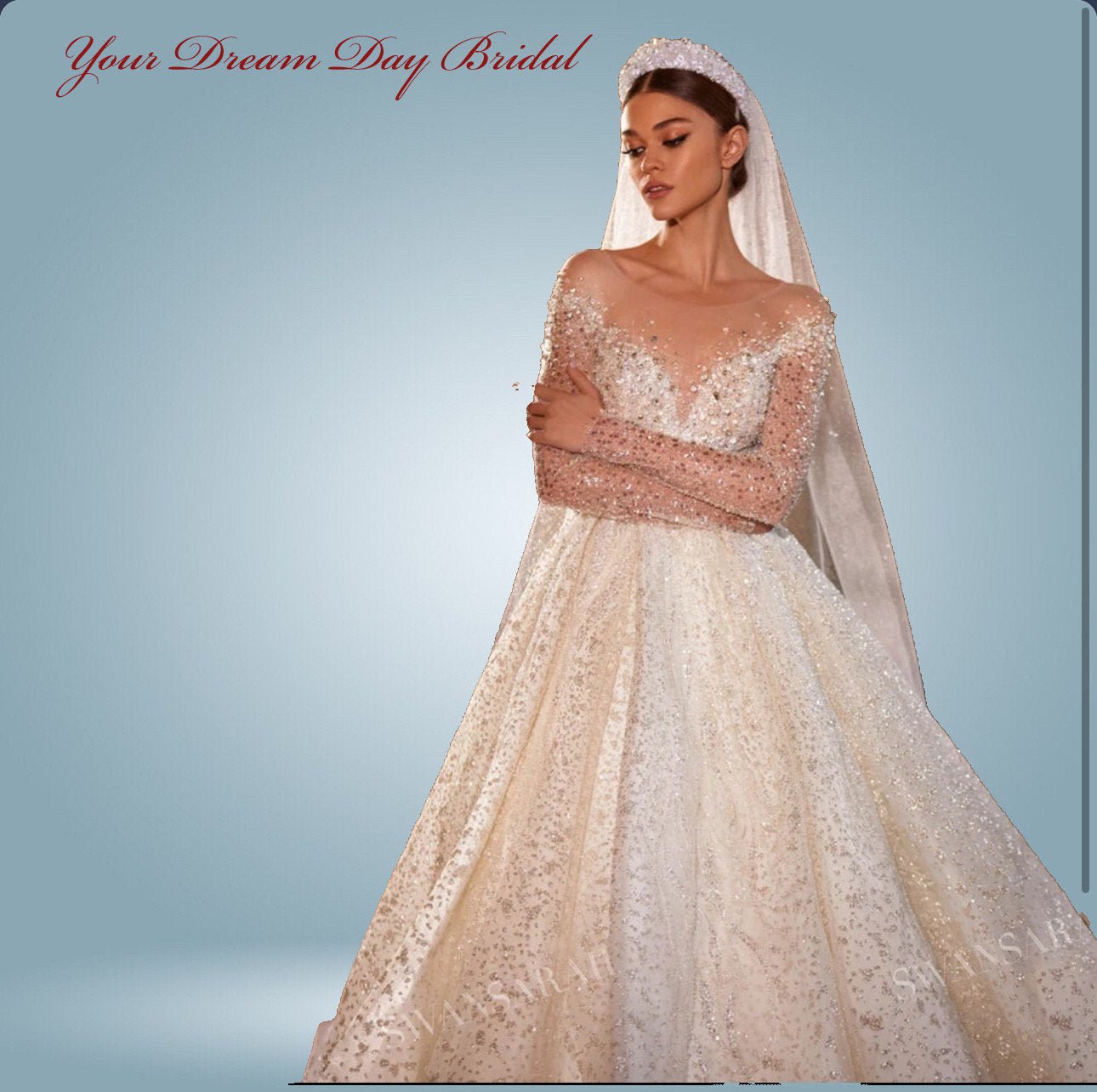 Elegant Long Sleeve Illusion Glittery A - Line Wedding Gown - Your Dream Day Bridal