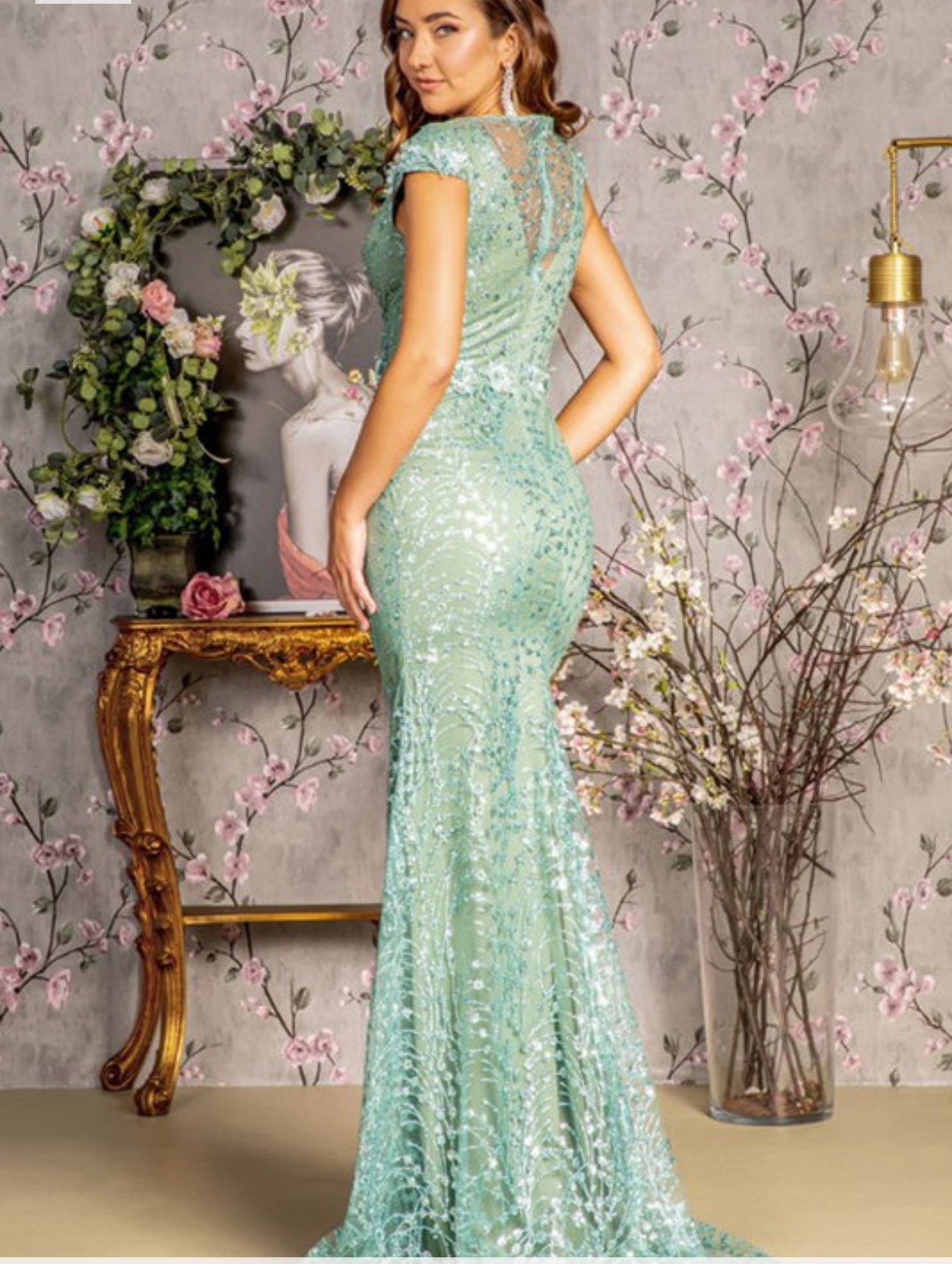 Floral Applique Cap Sleeve Glitter Mermaid Gown - Your Dream Day Bridal