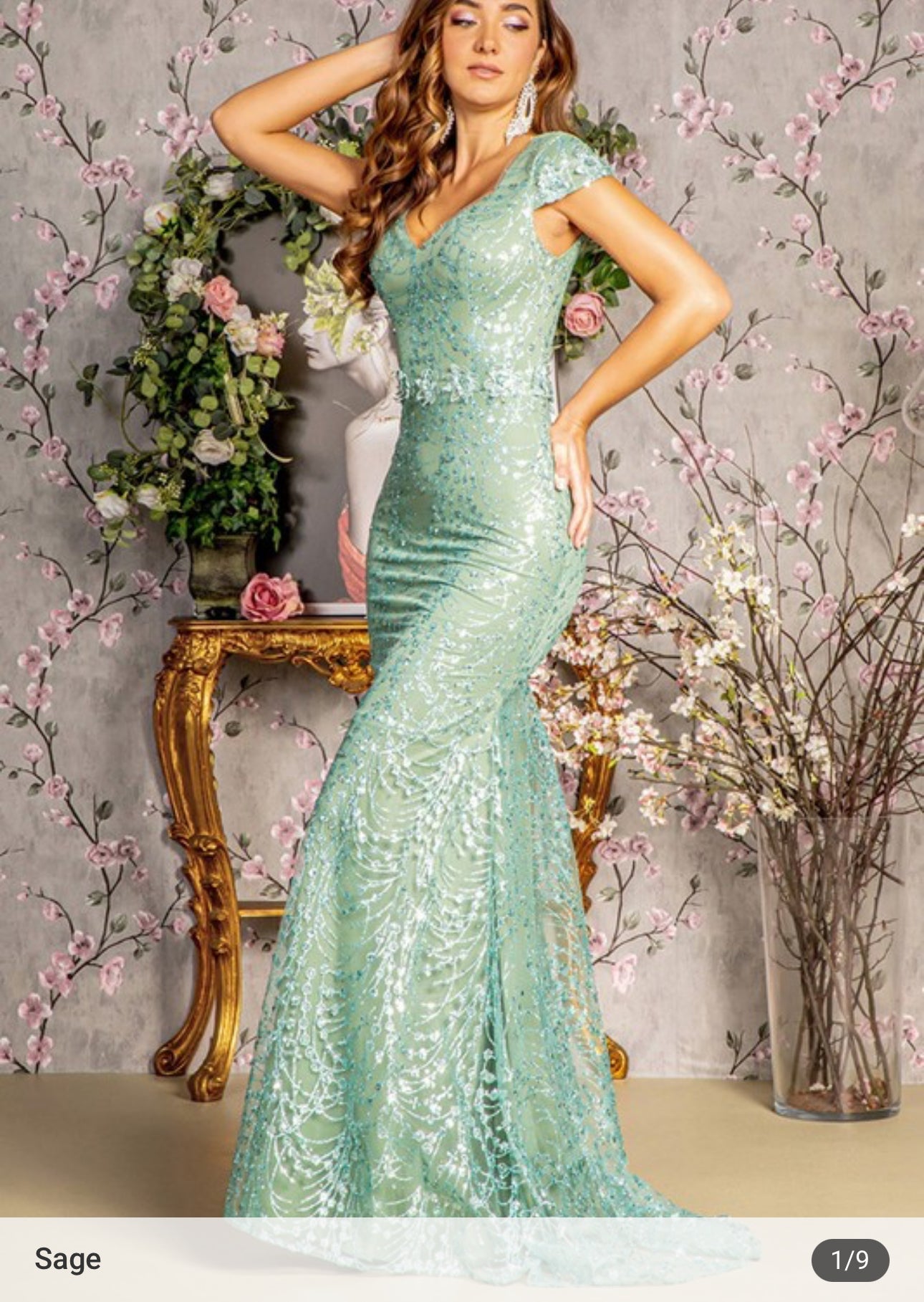 Floral Applique Cap Sleeve Glitter Mermaid Gown - Your Dream Day Bridal