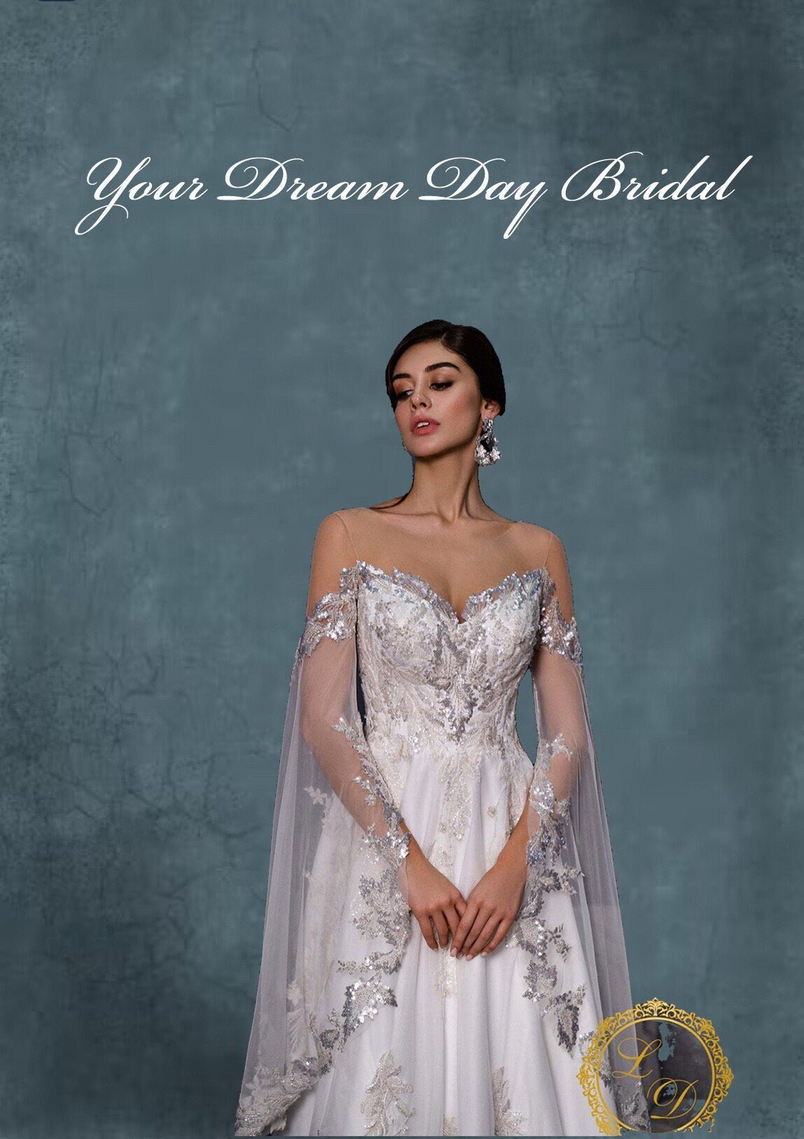 IN STOCK REDUCTION SALE! PRICE REDUCED! Exquisite Cape Sleeve A - Line Bridal Gown - Your Dream Day Bridal