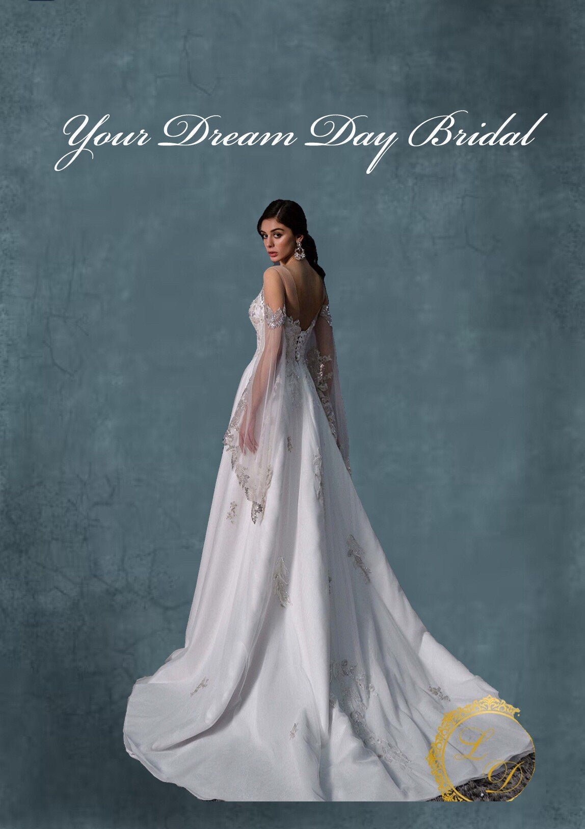 IN STOCK REDUCTION SALE! PRICE REDUCED! Exquisite Cape Sleeve A - Line Bridal Gown - Your Dream Day Bridal