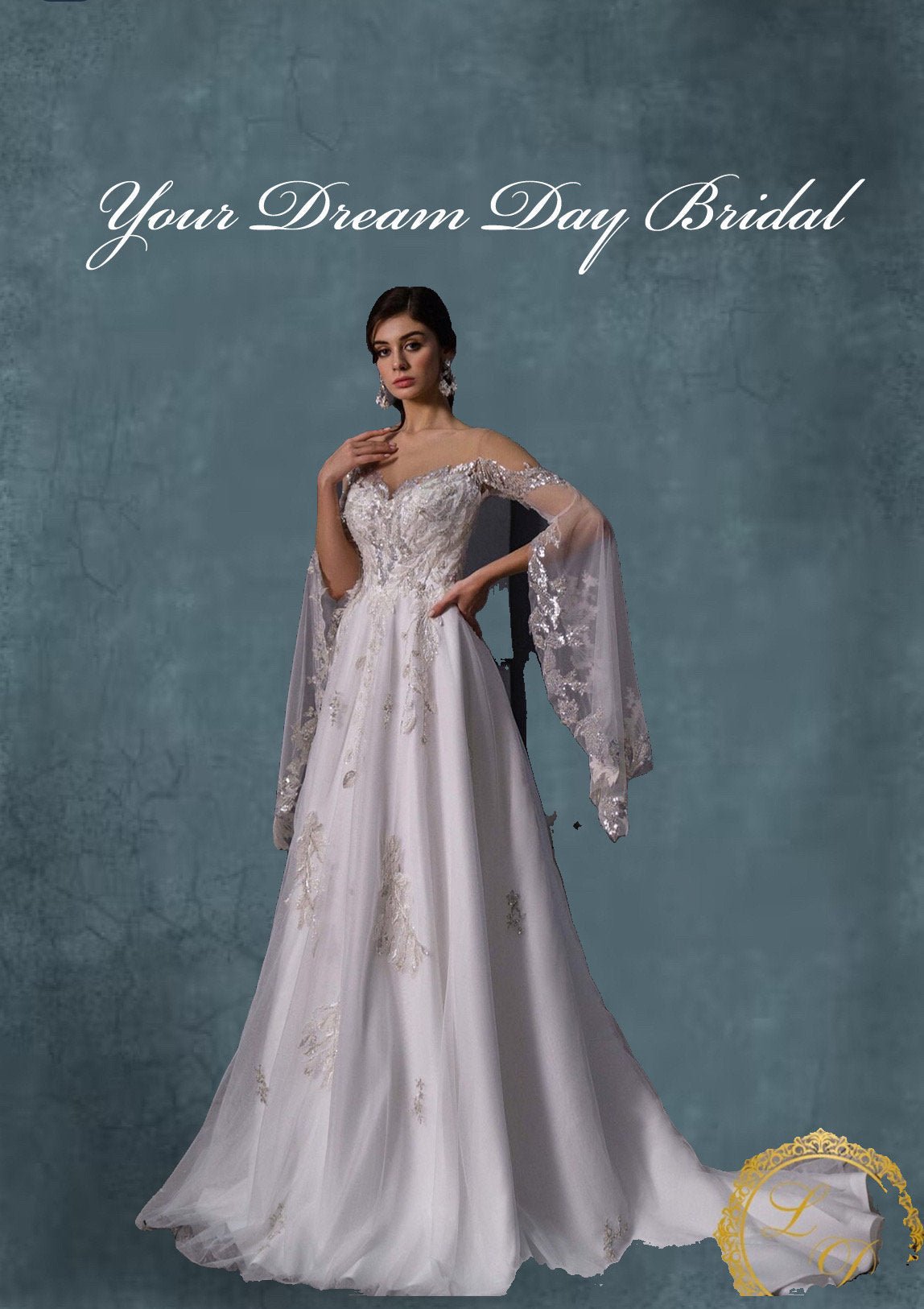 IN STOCK REDUCTION SALE! PRICE REDUCED! Exquisite Cape Sleeve A - Line Bridal Gown - Your Dream Day Bridal