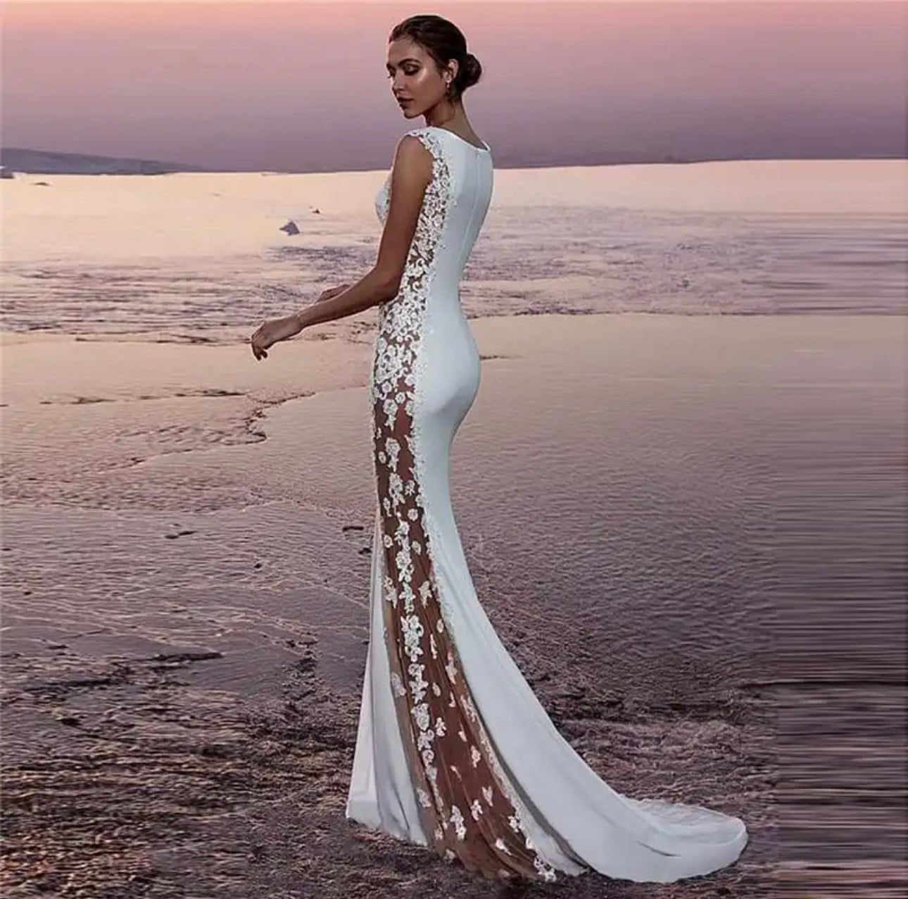 IN STOCK REDUCTION SALE! PRICE REDUCED! Lace Patchwork White/Nude Sweep Length Beach Bridal Gown - Your Dream Day Bridal