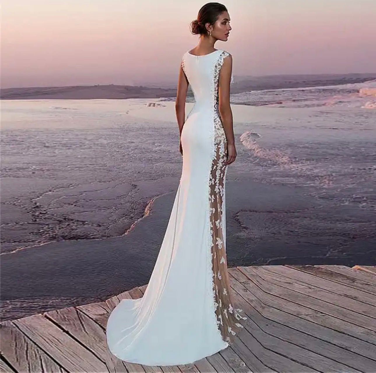 IN STOCK REDUCTION SALE! PRICE REDUCED! Lace Patchwork White/Nude Sweep Length Beach Bridal Gown - Your Dream Day Bridal