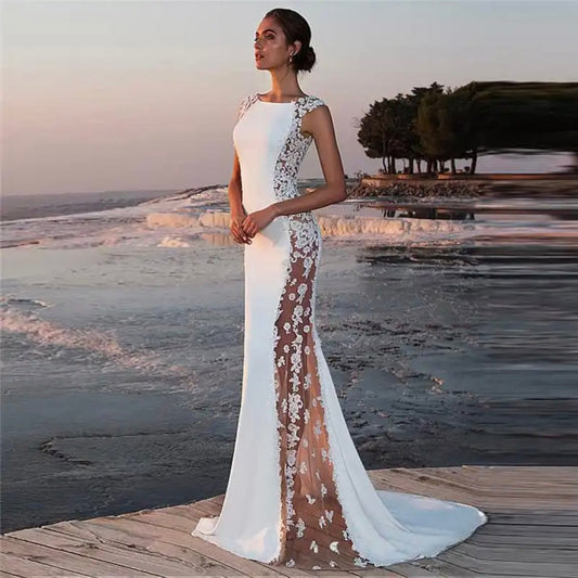 IN STOCK REDUCTION SALE! PRICE REDUCED! Lace Patchwork White/Nude Sweep Length Beach Bridal Gown - Your Dream Day Bridal