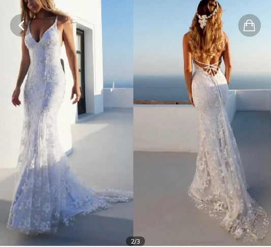 IN STOCK REDUCTION SALE! PRICE REDUCED! Sexy V - Neck Backless Lace Beach Bridal Gown - Your Dream Day Bridal