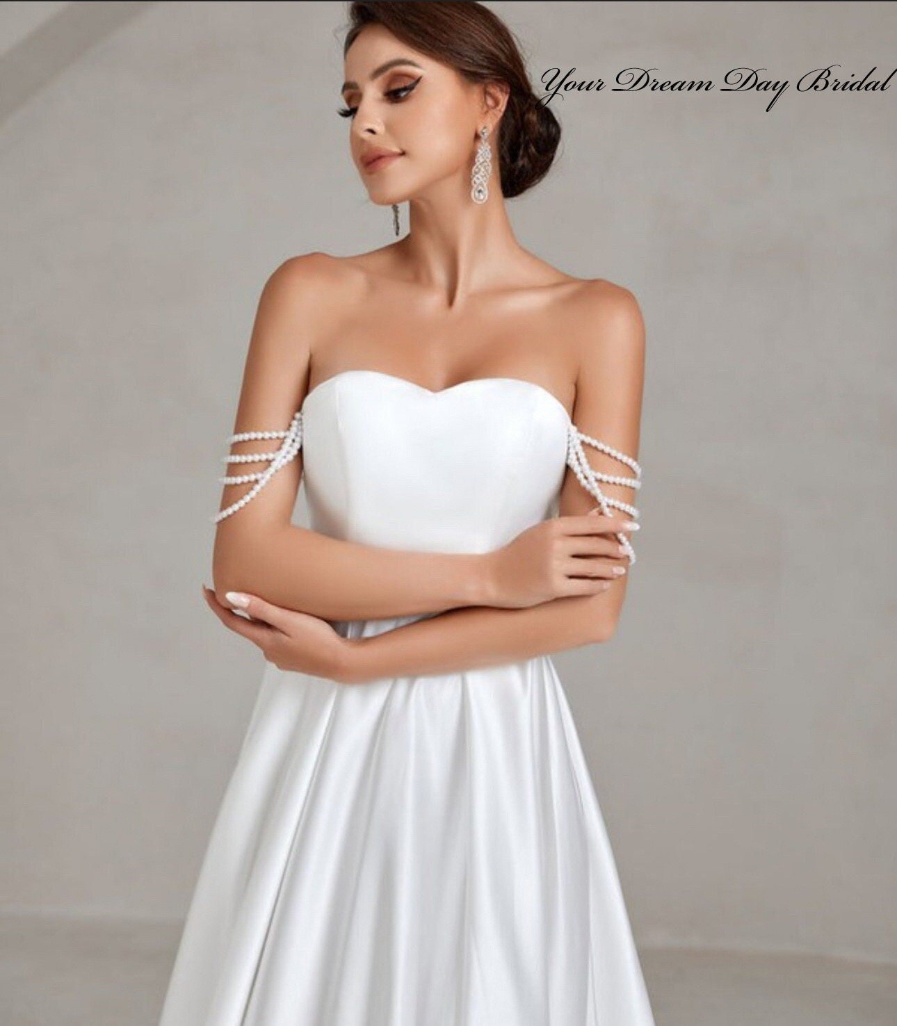 IN STOCK REDUCTION SALE! PRICE REDUCED to $185! White A - Line Sweetheart Satin Wedding Gown with Pearl Drop Shoulders - Your Dream Day Bridal