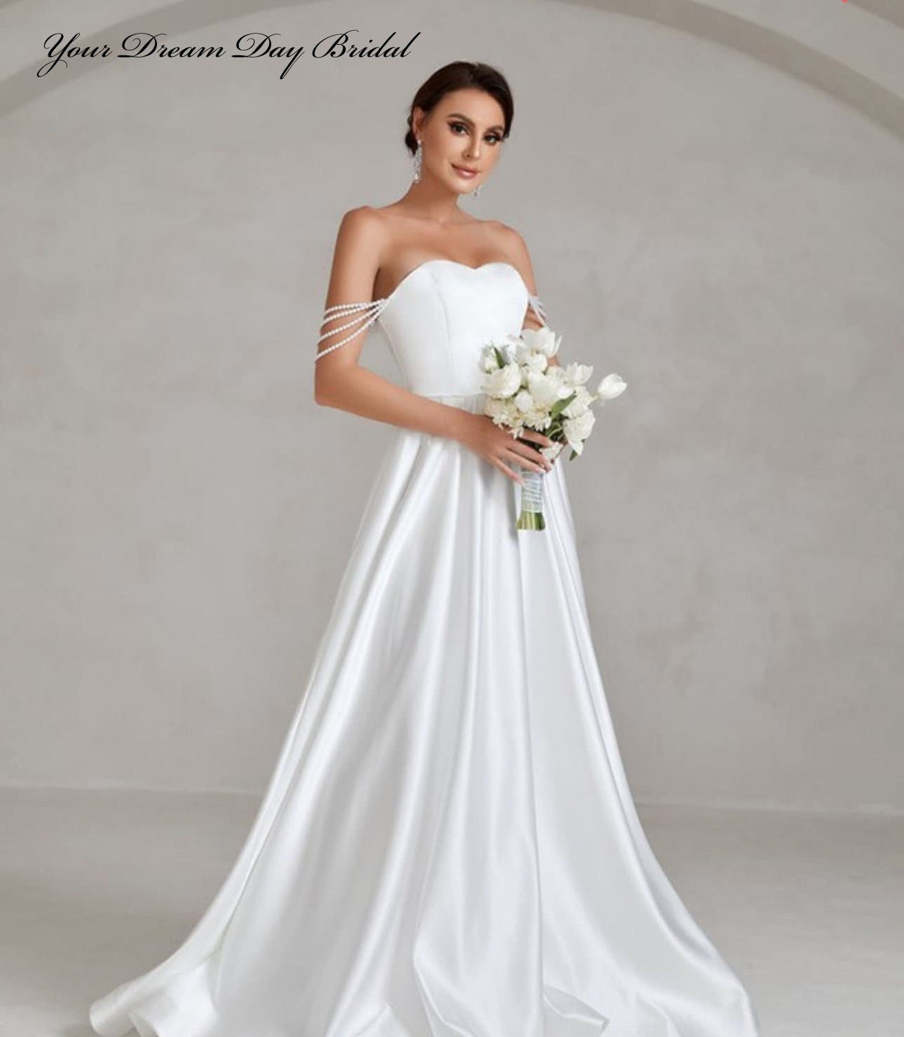 IN STOCK REDUCTION SALE! PRICE REDUCED to $185! White A - Line Sweetheart Satin Wedding Gown with Pearl Drop Shoulders - Your Dream Day Bridal