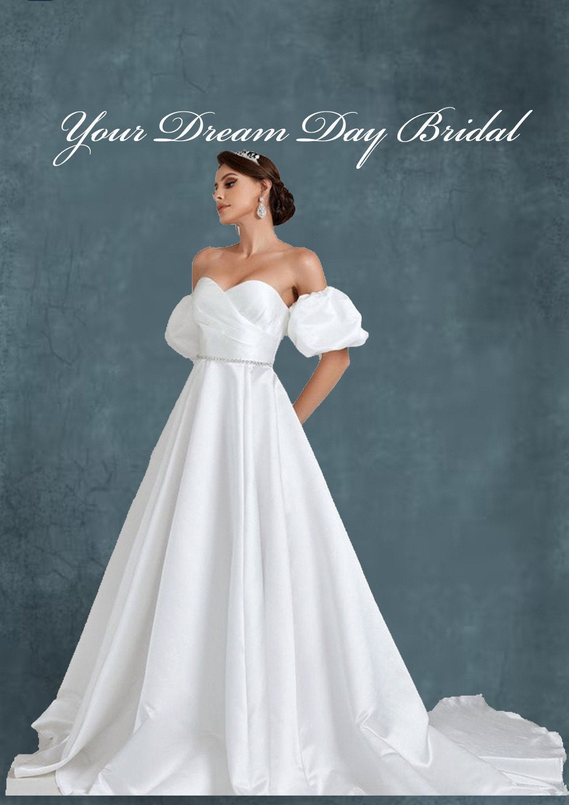 IN STOCK REDUCTION SALE! Say 'I Do' in Style: The Perfect White Satin Puff Sleeve Wedding Gown - Your Dream Day Bridal