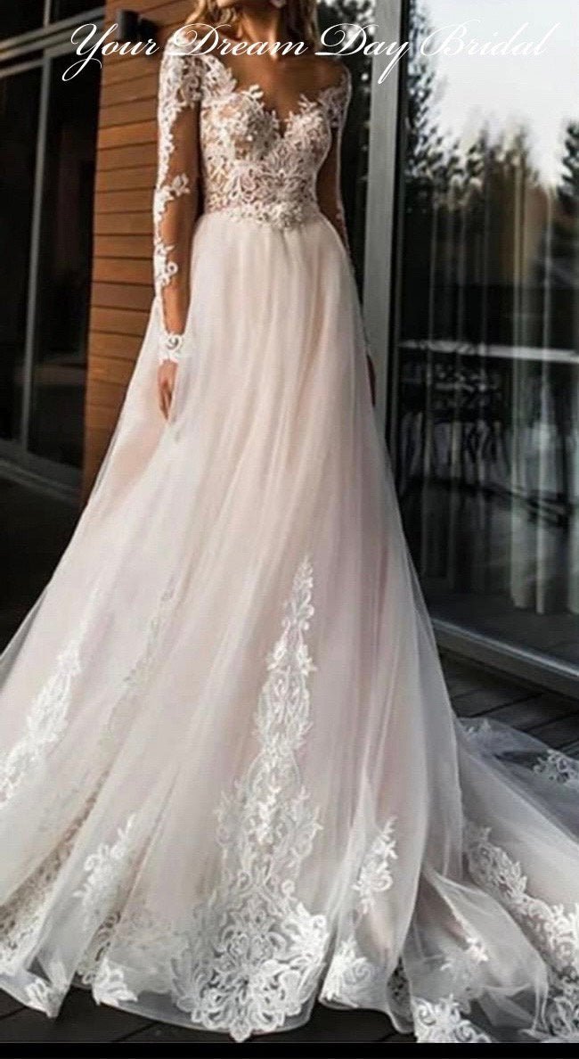 Long Sleeve Pink Boho V - Neck Organza & Lace Wedding Gown - Your Dream Day Bridal