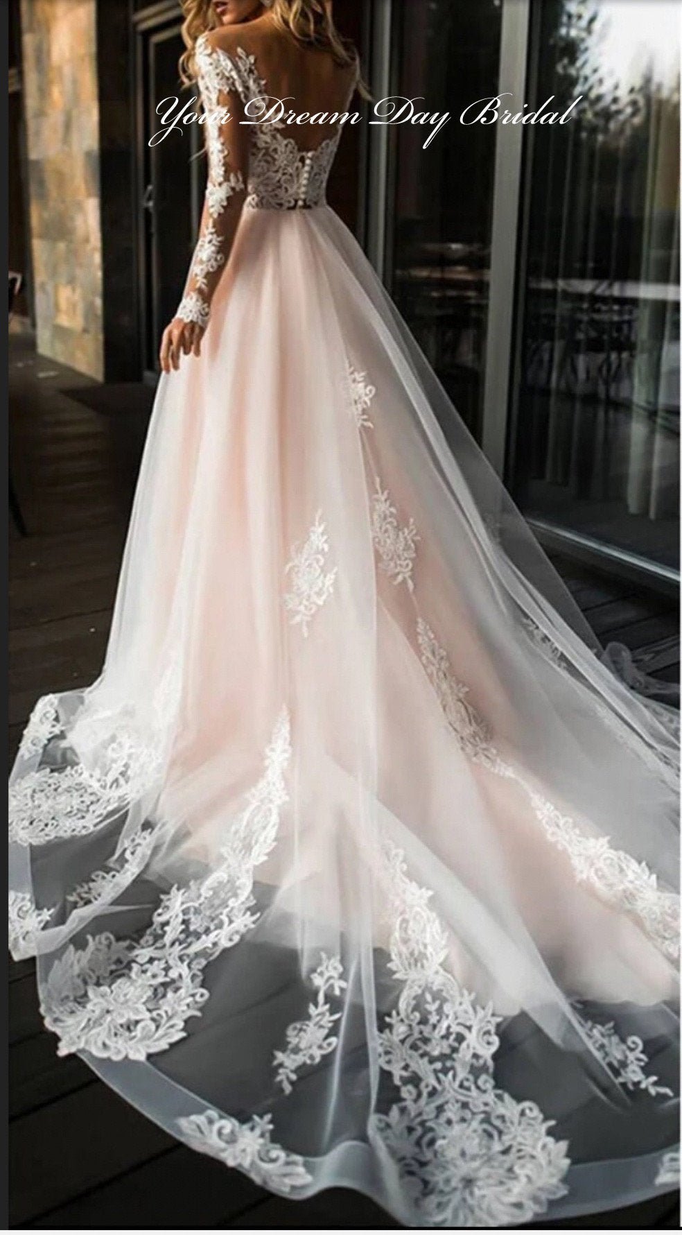 Long Sleeve Pink Boho V - Neck Organza & Lace Wedding Gown - Your Dream Day Bridal