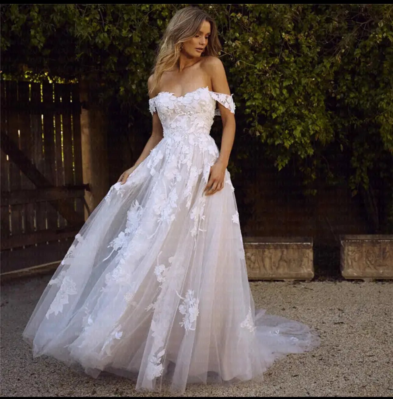 Look Stunning on Your Special Day with Our Off Shoulder Boho Lace A - Line Wedding Gown - Your Dream Day Bridal