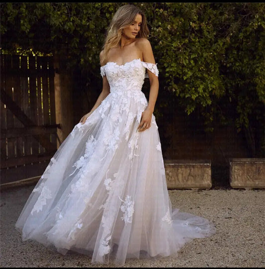 Look Stunning on Your Special Day with Our Off Shoulder Boho Lace A - Line Wedding Gown - Your Dream Day Bridal