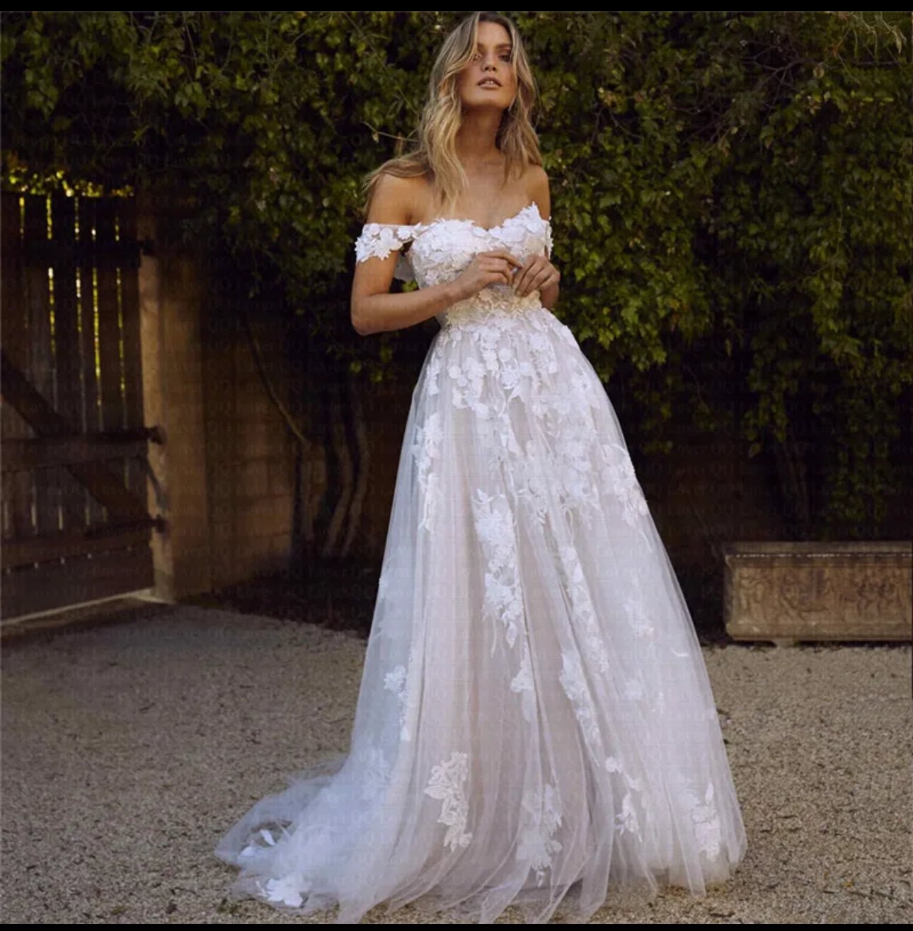 Look Stunning on Your Special Day with Our Off Shoulder Boho Lace A - Line Wedding Gown - Your Dream Day Bridal