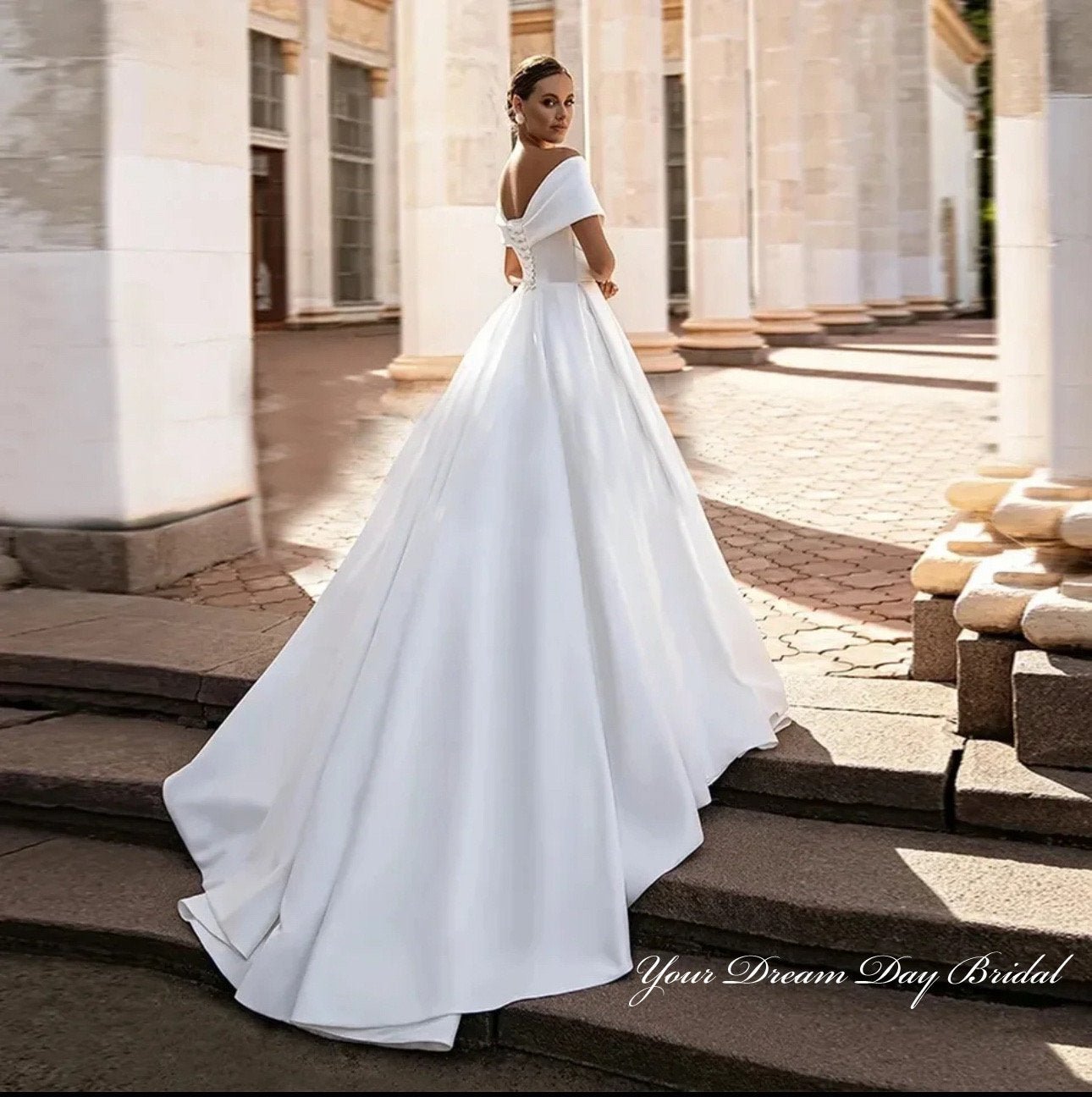 Luxurious Satin V - Neck Bridal Gown with Lace - Up Back - Your Dream Day Bridal