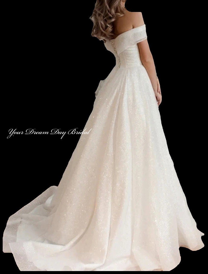 Off the Shoulder A - Line Beaded Lace Wedding Gown with Lace - Up Back - Your Dream Day Bridal