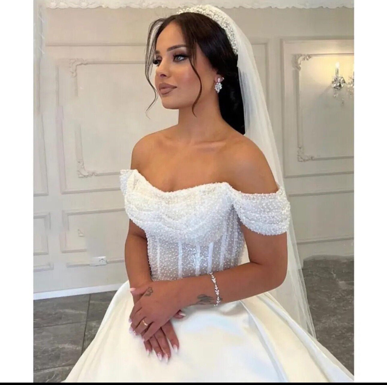 Off the Shoulder Beaded Sequin & Satin Bridal Ball Gown - Your Dream Day Bridal