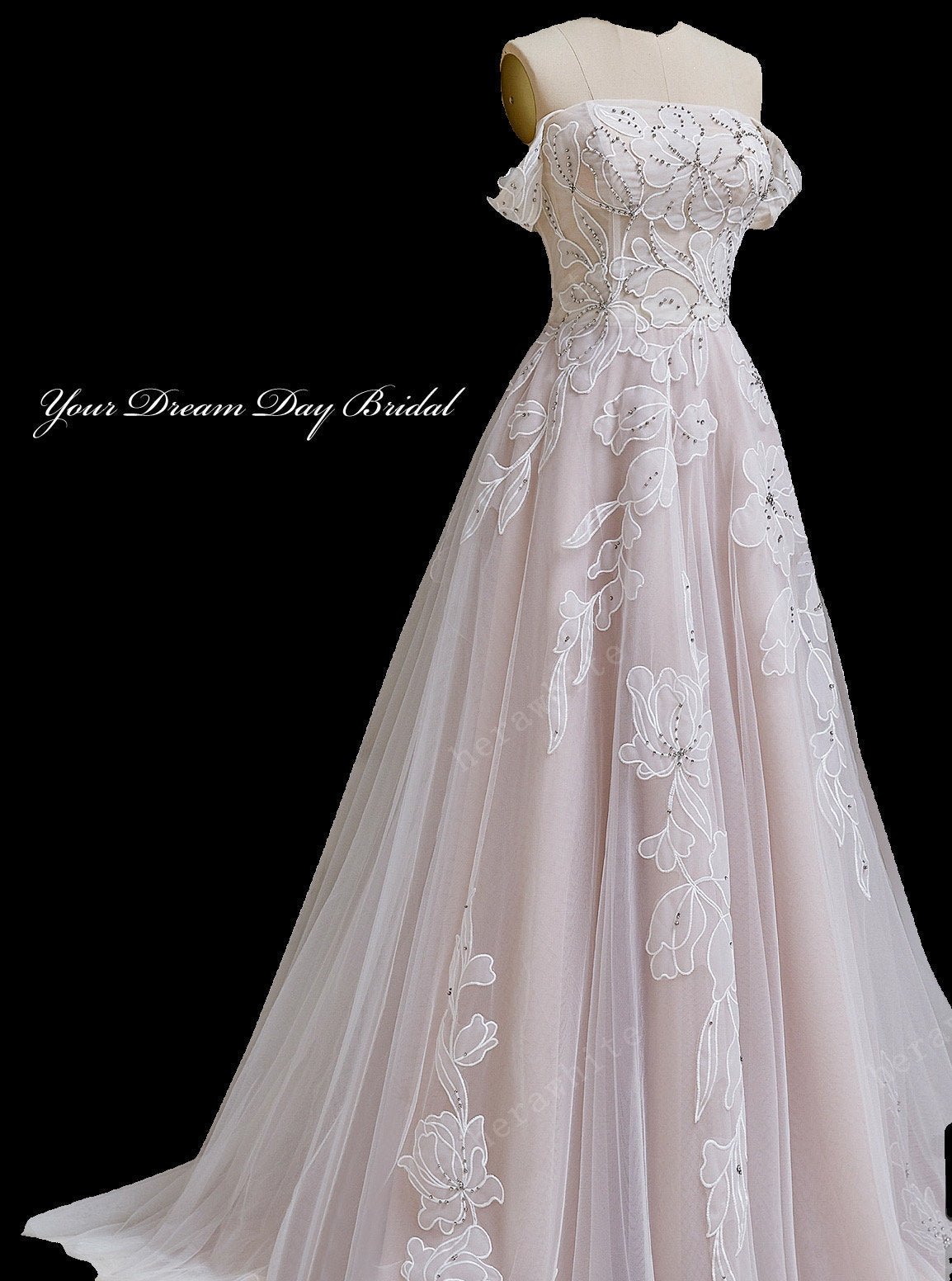 Off the Shoulder Floral Lace & Tulle A - Line Wedding Dress - Pictured in Ivory/Pink Nude - Your Dream Day Bridal