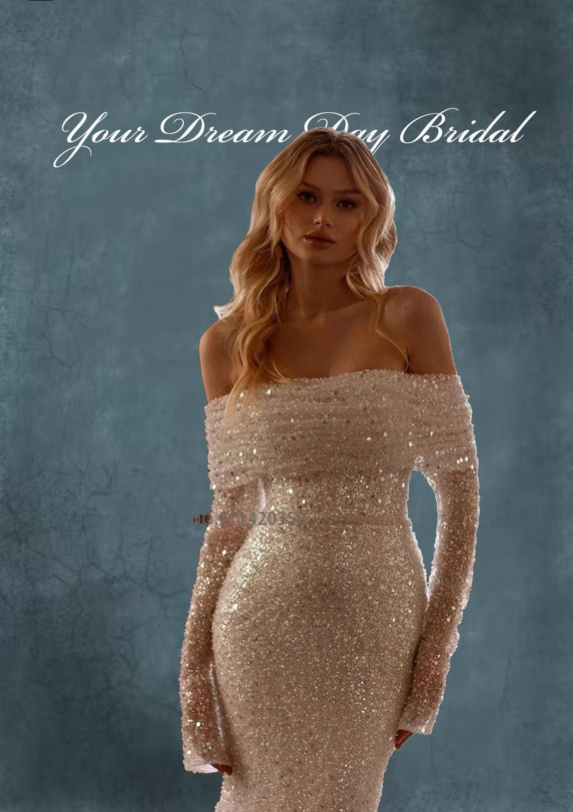 Off the Shoulder Sequin Long Sleeve Wedding Gown with Removable Cape & Sleeve - Your Dream Day Bridal