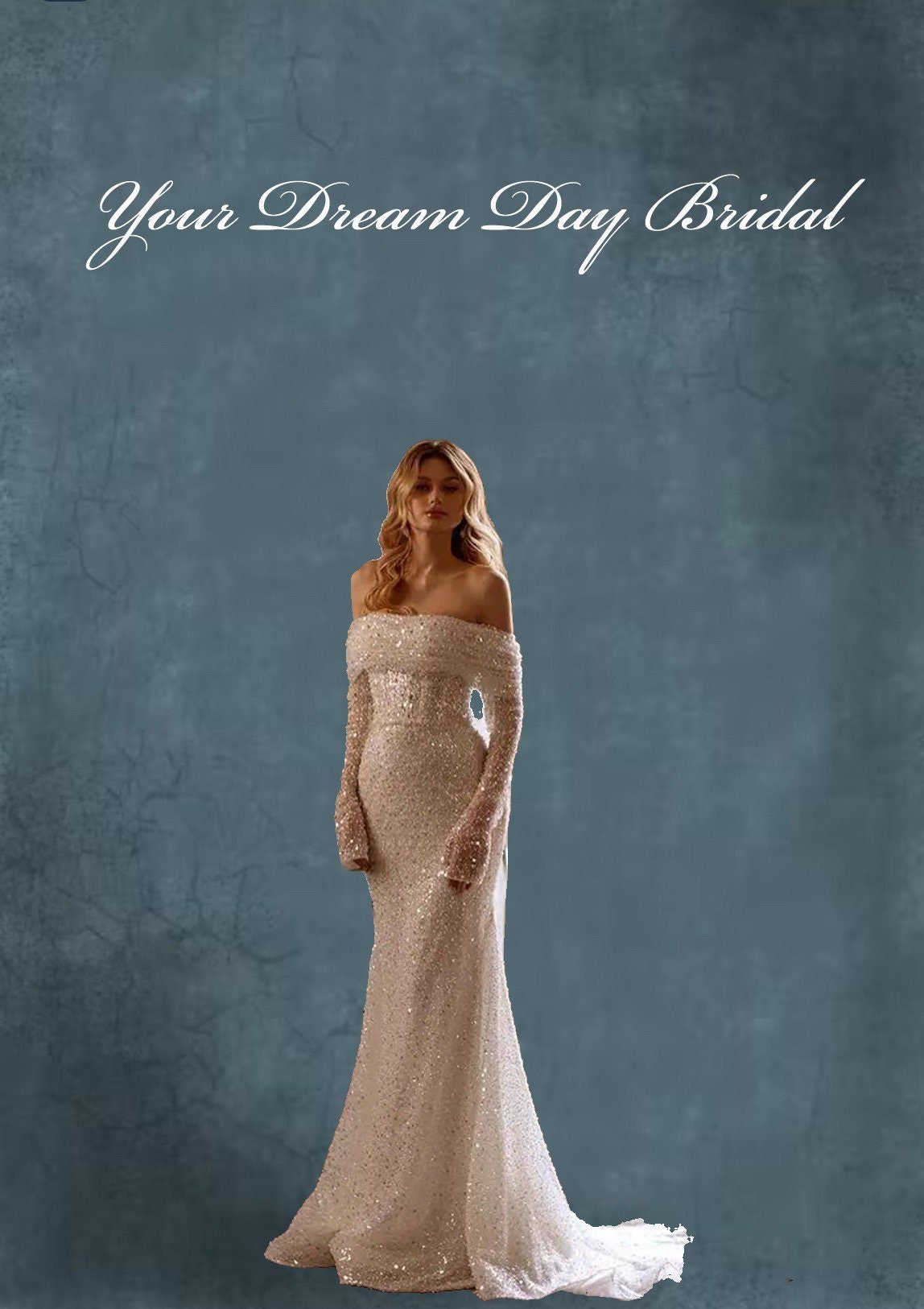 Off the Shoulder Sequin Long Sleeve Wedding Gown with Removable Cape & Sleeve - Your Dream Day Bridal