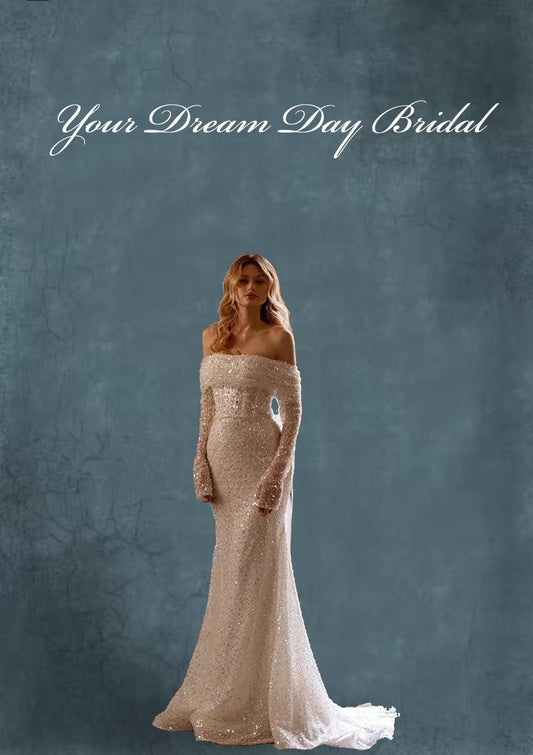 Off the Shoulder Sequin Long Sleeve Wedding Gown with Removable Cape & Sleeve - Your Dream Day Bridal