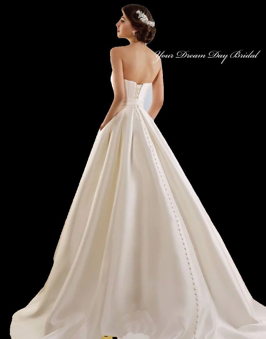 Soft Satin A - Line Wedding Gown with Lace - Up Pearl Buttoned Back - Your Dream Day Bridal