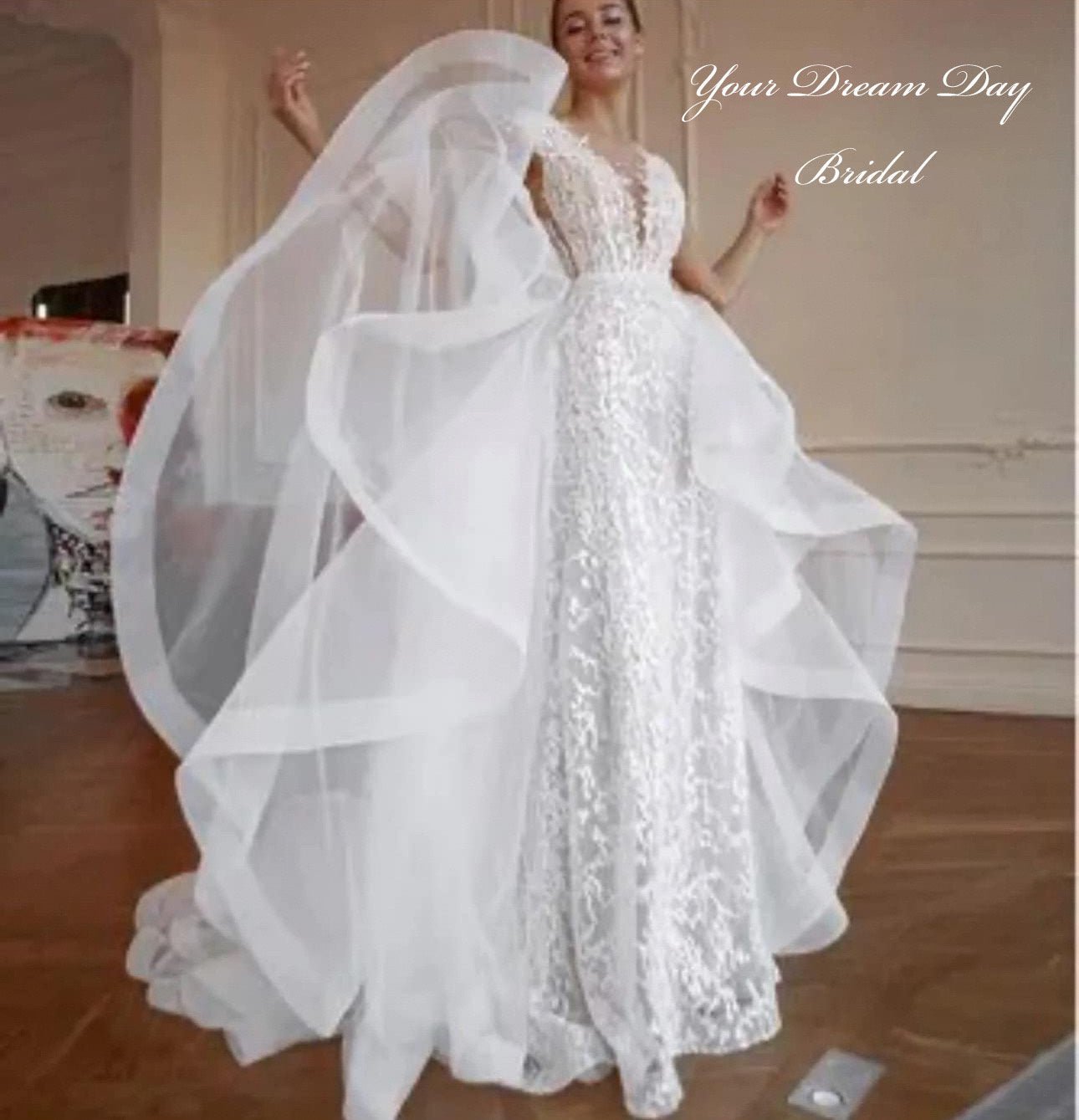 Stunning White Lace Wedding Gown with Detachable Skirt/Train - Your Dream Day Bridal