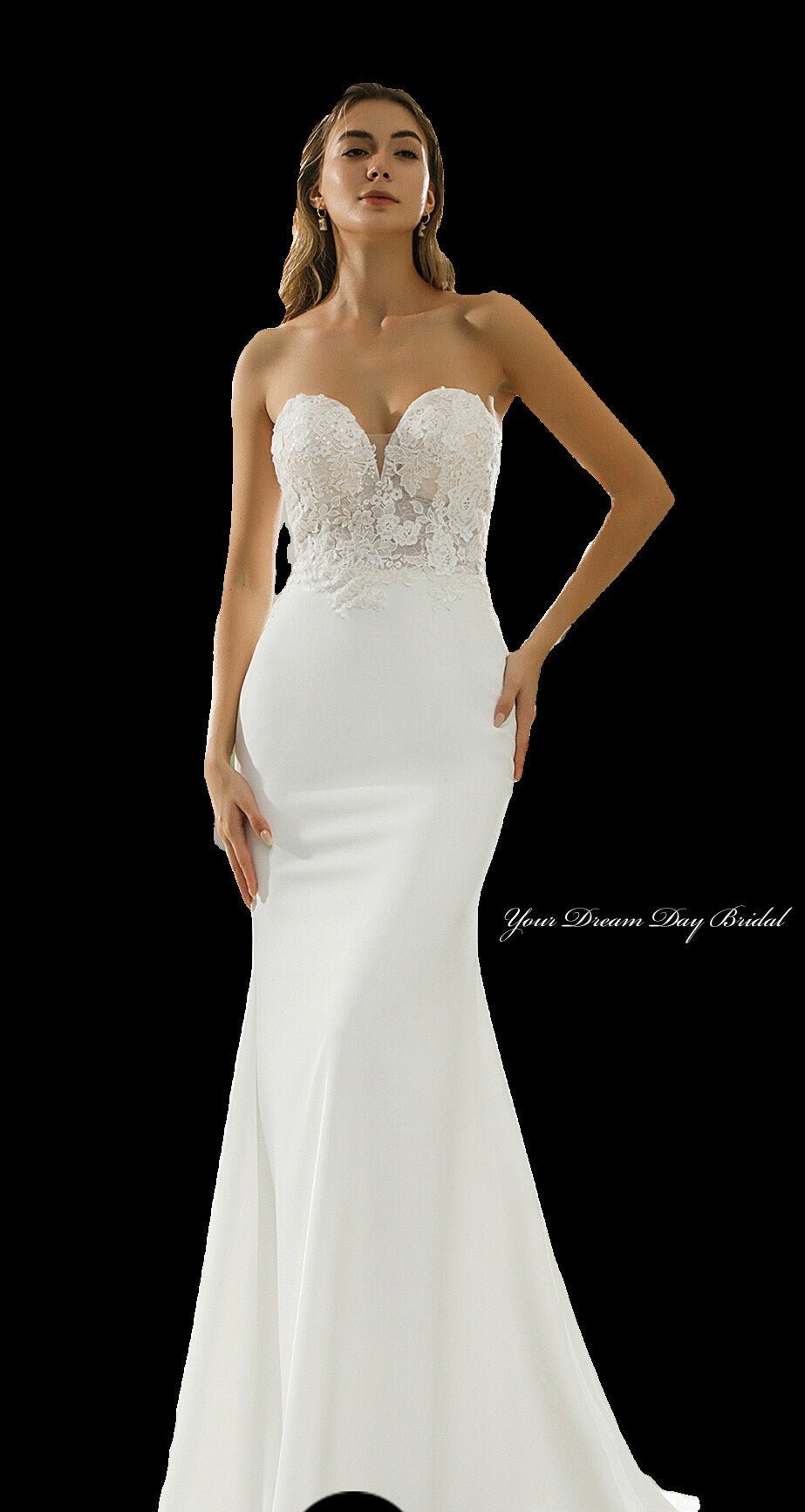 Unleash Your Inner Goddess with our Illusion Off the Shoulder Lace and Crepe Sweetheart Neckline Fit and Flare Wedding Gown - Your Dream Day Bridal