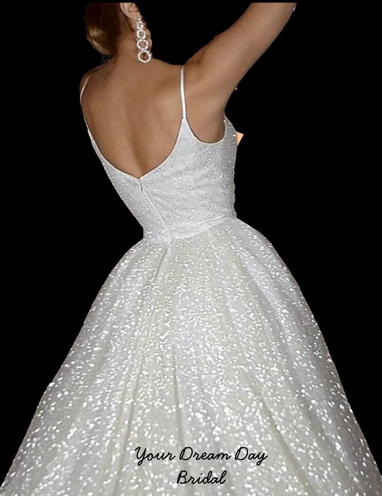 V - Neck Glittery Sequins Bridal Gown with Spaghetti Straps - Your Dream Day Bridal