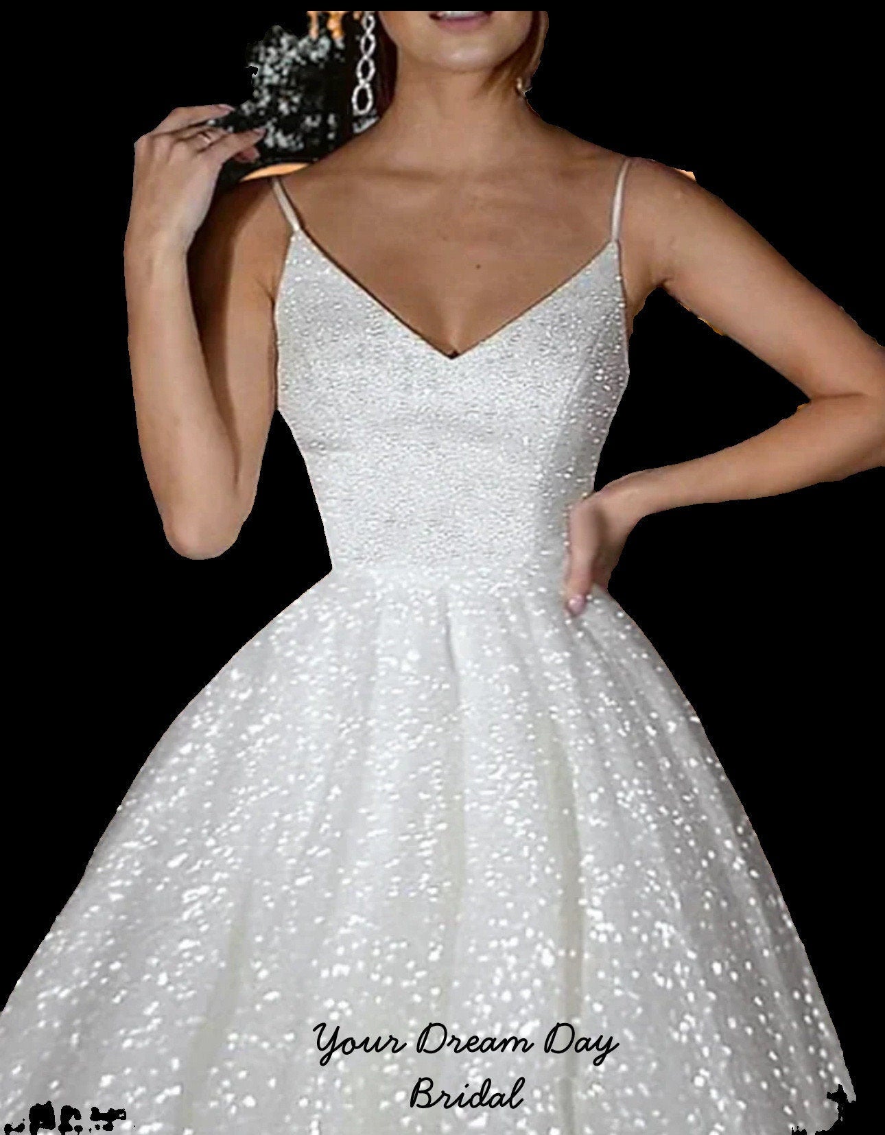 V - Neck Glittery Sequins Bridal Gown with Spaghetti Straps - Your Dream Day Bridal